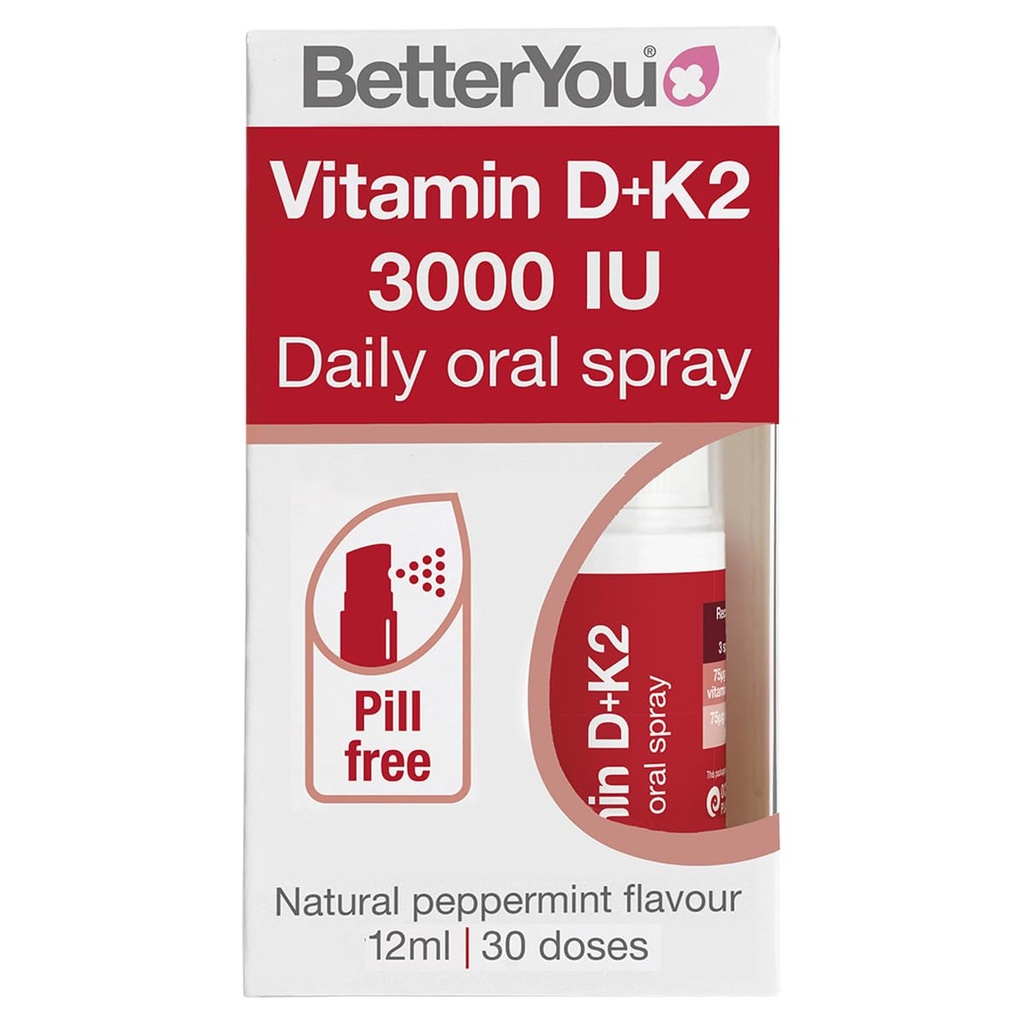 BetterYou D3000 og K2 Vitamin D Daglig Oral Spray - Praktisk alternativ til tabletter - Understøtter Bone Sundhed og Boost immunsystem - Forebygger blodstørkning - Naturlig pebermynte Flavor - 0.4 oz