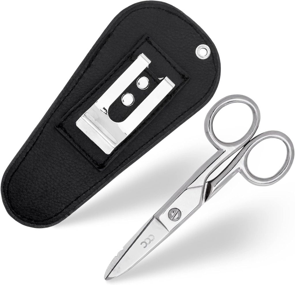 Multi Formål Elektrician Saks med læder carrying Pouch - Heavy Duty rustfrit stål elektriske sakse med strippe noter, File & Scraper - vores Snips er til højre & venstre hånd brug - sort