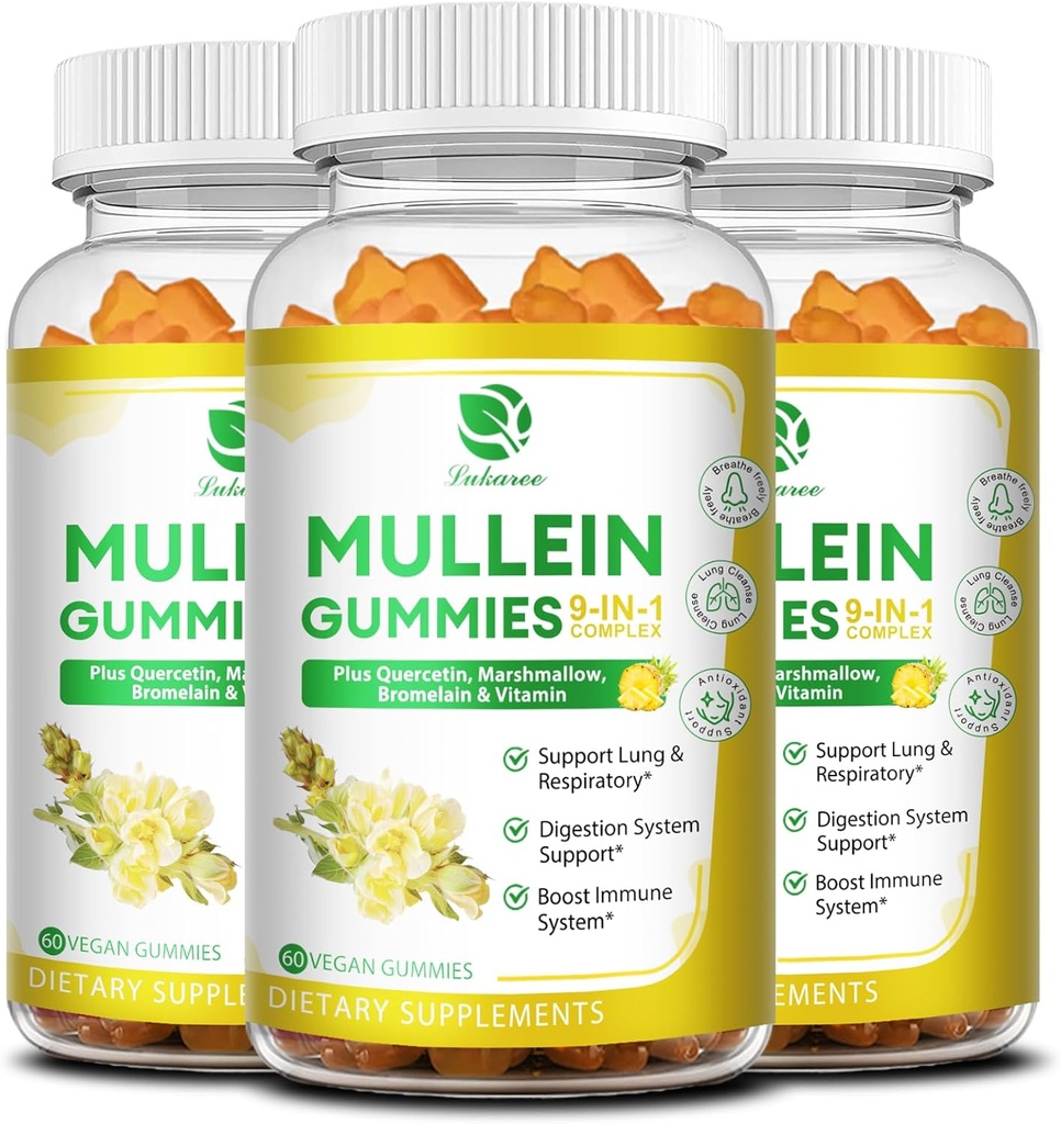 (3 Pack) 9 i 1 Mullein Gummies for Lung Cleanse & Detox, Extra Strength Mullein Leaf Extract w / Quercetin, Bromelain, Elderberry & Marshmallow for Respiratory, immun & fordøjelig, Vegan, 180 Count