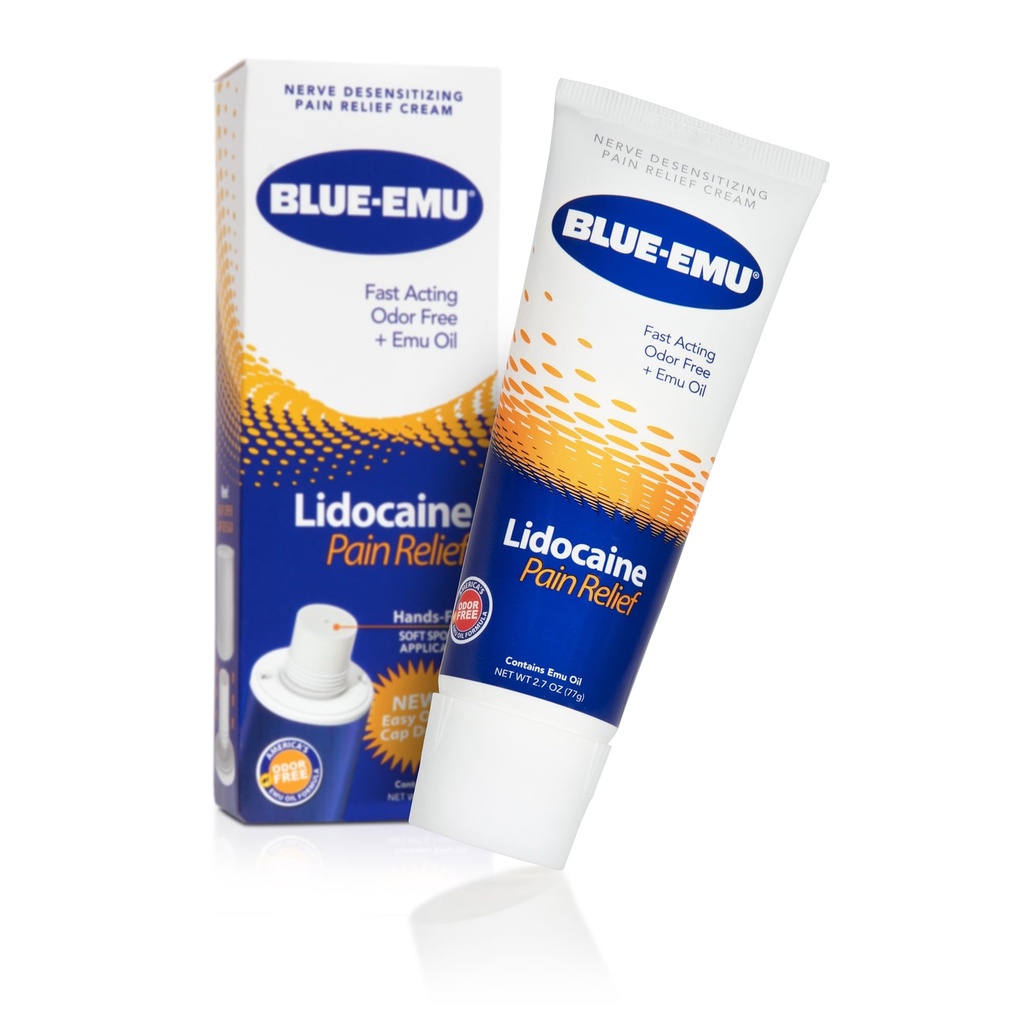 BLUE- EMU Lidocain Pain Relief Cream for Fast, Numbing Relief, 2.7 Oz, 1 Pack