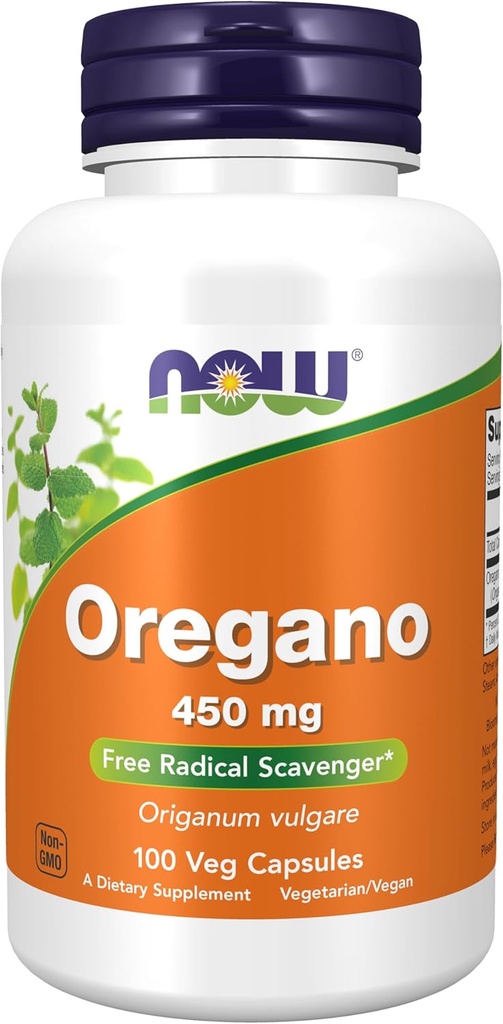Now Foods Supplements, Oregano (Origanum vulgare) 450 mg, Free Radical Scavenger *, 100 Veg kapsler