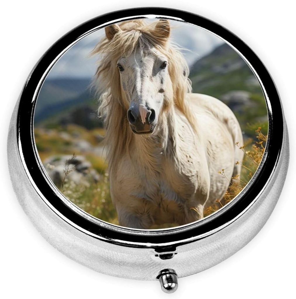 Round pill Box Horse på grøn græs Cute lille pill Case 3 Segment Pilleboks til purse Pocket Portable pill Container Holder til at holde vitaminer Medicin Fish Oil og kosttilskud