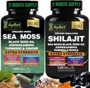 Sea Moss Shilajit Combo Bundle Capsule, Black Seed Oil, Ashwagandha, Rhodiola Rosea, Burdock, gurkemeje, Ginger, VitC, VitD3, Alle i et tillæg, 240 kapsler, Halal, Vegan, USDA Organic