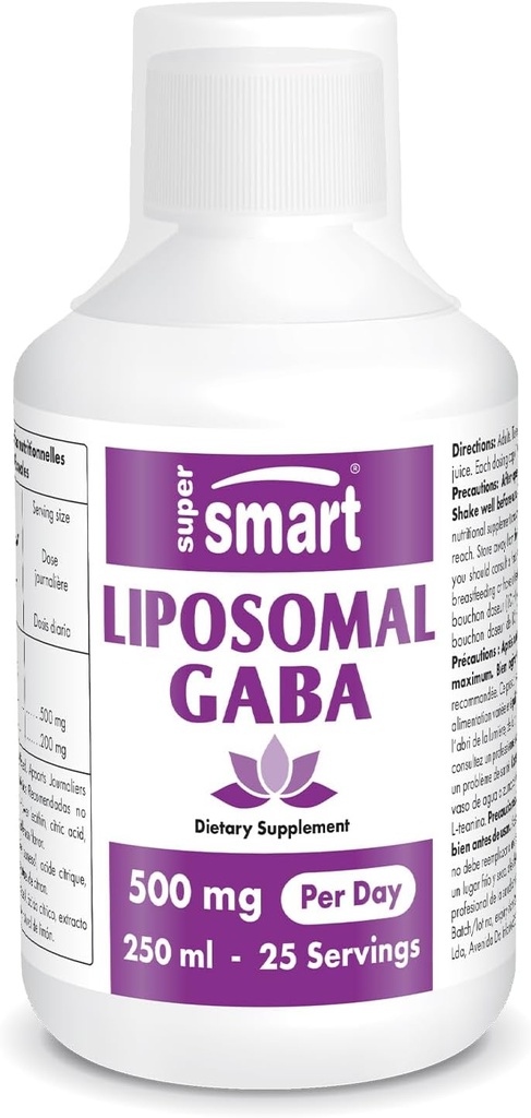 Supersmart - Liposomal GABA 500mg per dag (Højt biotilgængeligt) - med flydende L- Theanin & Flydende Gamma Aminosmørsyre (GABA) - Natural Lemon Flavour Name 124; Non- GMO & Gluten Free - 250 ml