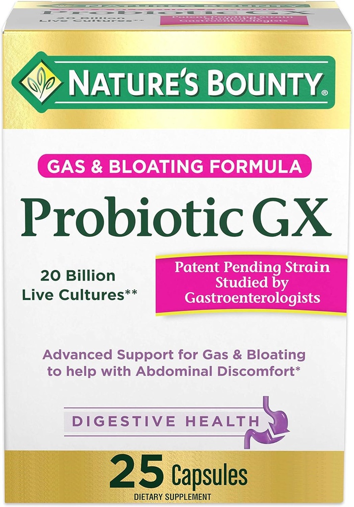 Naturens Bounty Probiotic GX, Hjælper med lejlighedsvis gas og bloating, Kosttilskud, fordøjelsessygdomme, 25 kapsler
