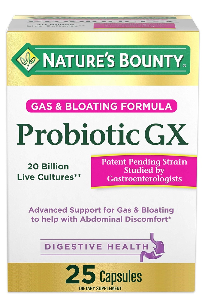 Naturens Bounty Probiotic GX, Hjælper med lejlighedsvis gas og bloating, Kosttilskud, fordøjelsessygdomme, 25 kapsler