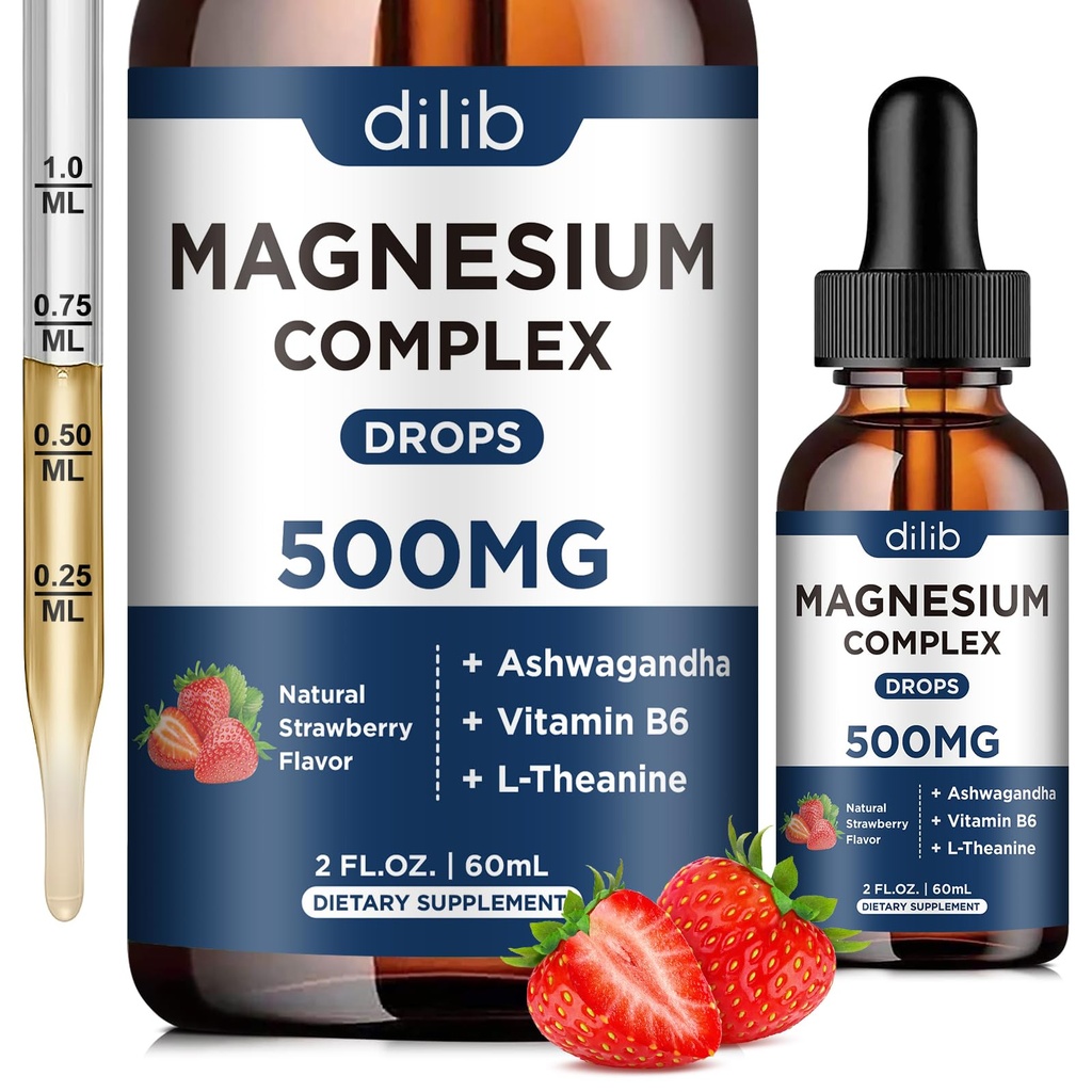 Triple Magnesium Complex Supplement- Magnesium Glycinat, Citrate, Malat Liquid Drops 500mg med Ashwagandha, L- Theanin, B6-vitamin til stress Relief, søvn, muskelstøtte - Jordbær Flavor