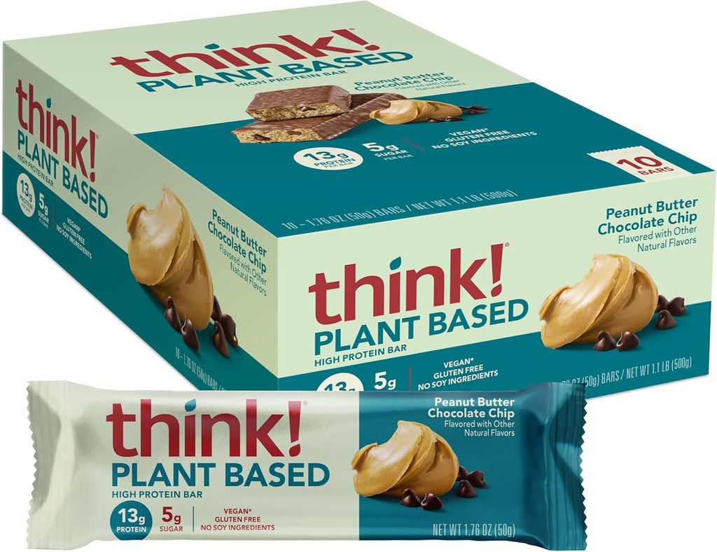 Tænk! Vegan / Plant Based High Protein Bars - Peanut Butter Chocolate Chip, 13g Protein, 5g Sukker, Ingen kunstige sødestoffer, Ikke GMO-projekt Verificeret, 10 Greve (Packaging May Vary)