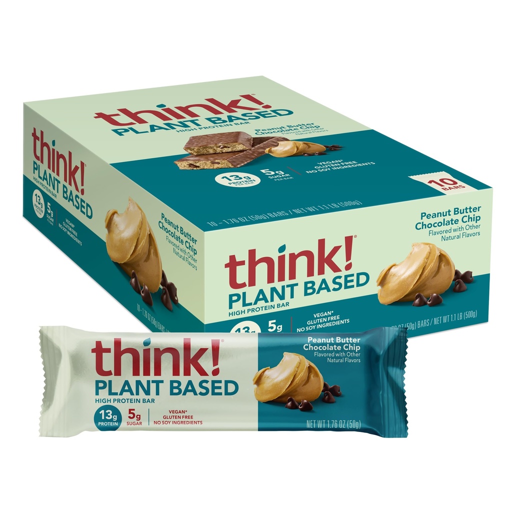 Tænk! Vegan / Plant Based High Protein Bars - Peanut Butter Chocolate Chip, 13g Protein, 5g Sukker, Ingen kunstige sødestoffer, Ikke GMO-projekt Verificeret, 10 Greve (Packaging May Vary)