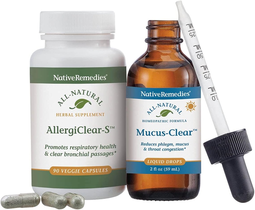 Native Remedies Clear Sinus & Throat ComboPack - Natural Homøopatisk Mucus- Clear for Phlegm and Congestion and Herbal Supplement AllergiClear- S for respiratorisk sundhed og funktion