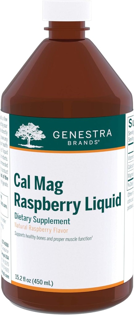 Genestra Brands Cal Mag Raspberry Liquid Budd124; Calcium og Magnesium Citrate Formel med D-vitamin Budd124; 15,2 fl. oz.