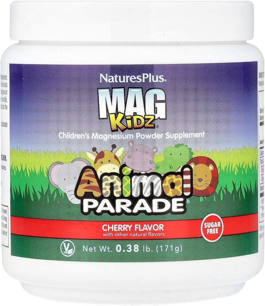 NaturePlus Animal Parade MagKidz, Cherry Flavor - 0,38 lb - Children 's Magnesium Powder Supplement - Bone & Muscle Health Support - Gluten Free, Sugar Free - 45 Serveringer