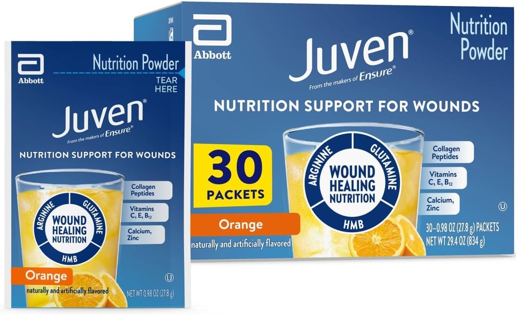 Juven Therapeutic Nutrition Drink Powder inkl. Collagen Peptider, Aminosyrer, og HMB for Sår Healing Support, Orange, 30 Pakker