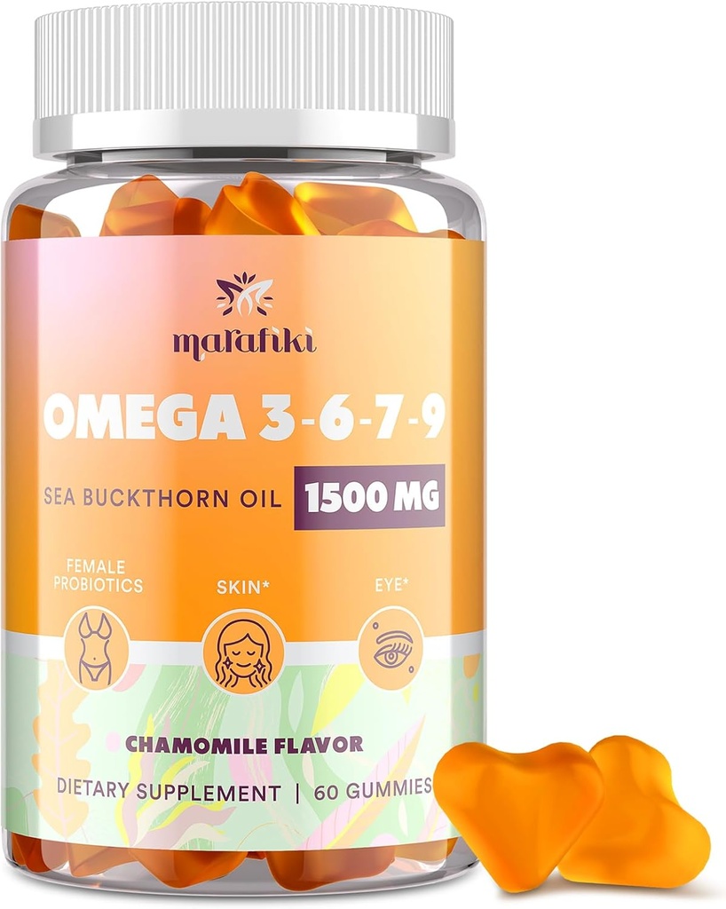Omega 3 6 7 9 Gummier for kvinder - Omega 3 Supplement med Sea Buckthorn Oil, Flaxseed Oil, Vitaminer E, A & Probiotika - Hud, Øje & Tørhed, Kamille Flavor - 60 Gummies