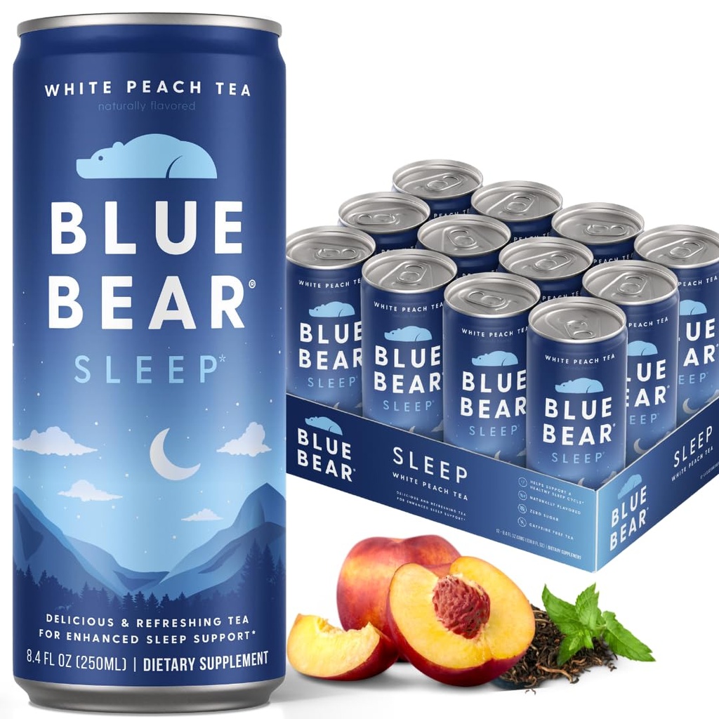 Blue Bear Melatonin Sleep Drink, Sleep Tea for Bedtime Support, White Peach Tea med Melatonin (5 mg), Lavendel, Ashwagandha, Kamille, GABA, L- Theanine, Caffe- Free, Zero Sugar, 8.4 Fl Oz 12-Pack