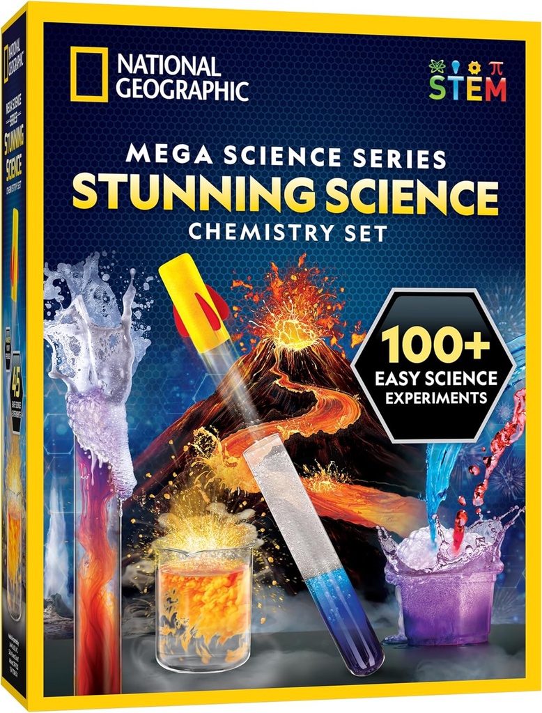 National Geographic Bedøvelse Kemi Set - Mega Science Kit med 45 Easy Experiments- Make a Volcano and Launch a Rocket, STEM Projekter for Kids Age 8-12, Science Legetøj (eksklusive)