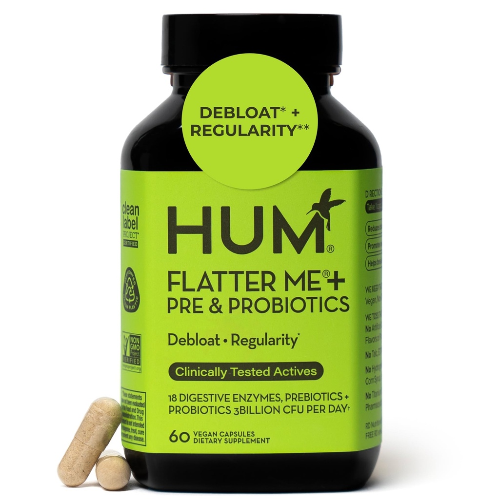HUM Fatter mig fordøjelsesenzymer Plus Prebiotika & Probiotika, fordøjelsesmæssige sundhed Bloating Supplement for kvinder & mænd, hurtig fungerende anti bloat piller Multi enzym til afbloating, Vegan, 60 kapsler