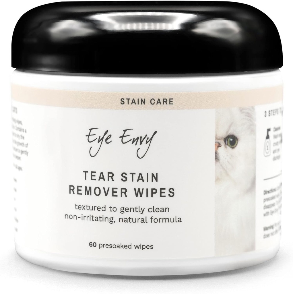 Eye Envy Tear Stain Wipes for Cats. Textured to Gently Clean, Treats The Cause of Staining. 100% Natural Formula. Recommended by Persian & Exotic Breeders, Vets, Groomers. USA Made. 60 Cat Eye Wipes