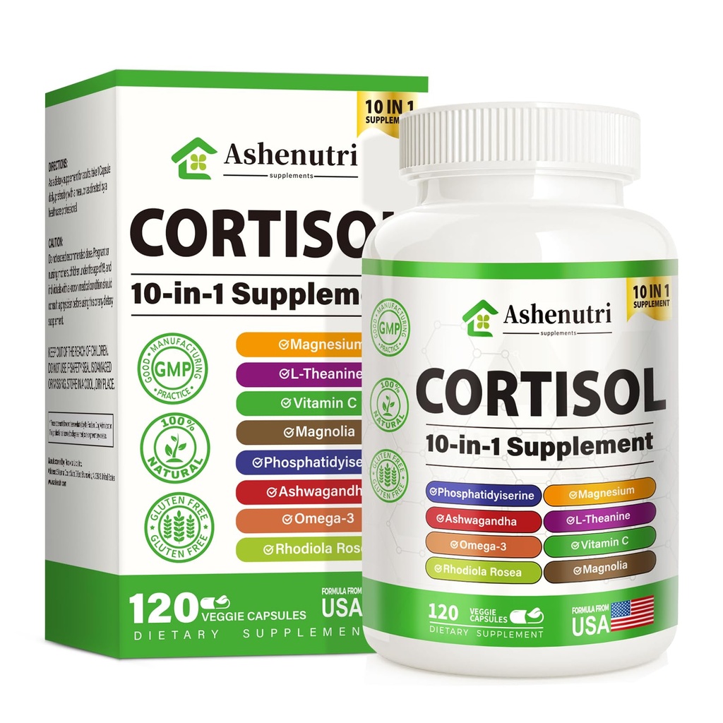 10- in-1 Cortisol Supplement med Magnesium, Ashwagandha, Rhodiola Rosea, L Theanine, Hormonbalance for kvinder 120 Veganske kapsler