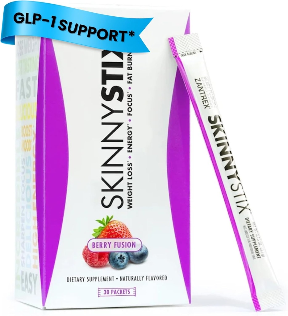 Zantrex SkinnyStix Energy Powder - tabe vægt, GLP-1, Appetite Suppressant, Boost Mood - 10 kalorier - Yerba Mate, Coffee Bean - 30 Stix, Berry