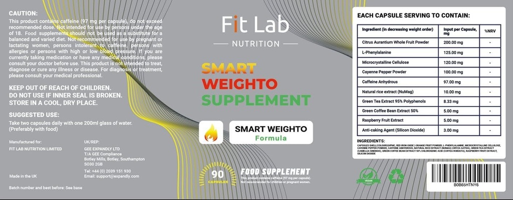 Fit Lab - Smart Weight to Management, Food Supplement - 90 Kapsler - Vegansk, Halal og Vegetarisk Kosttilskud til kvinder og mænd - 45 dages forsyning - Gym Essentials