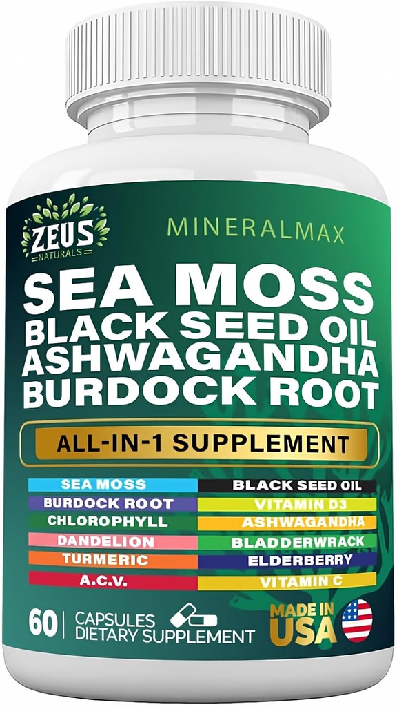 Sea Moss 3000mg Black Seed Oil 2000mg Burdock Root 1000mg Bladerwrack 1000mg Turmerisk 1000mg Ashwagandha 1000mg - Elderberry, VIT C, VIT D3, Manuka, ACV (60 Greve)