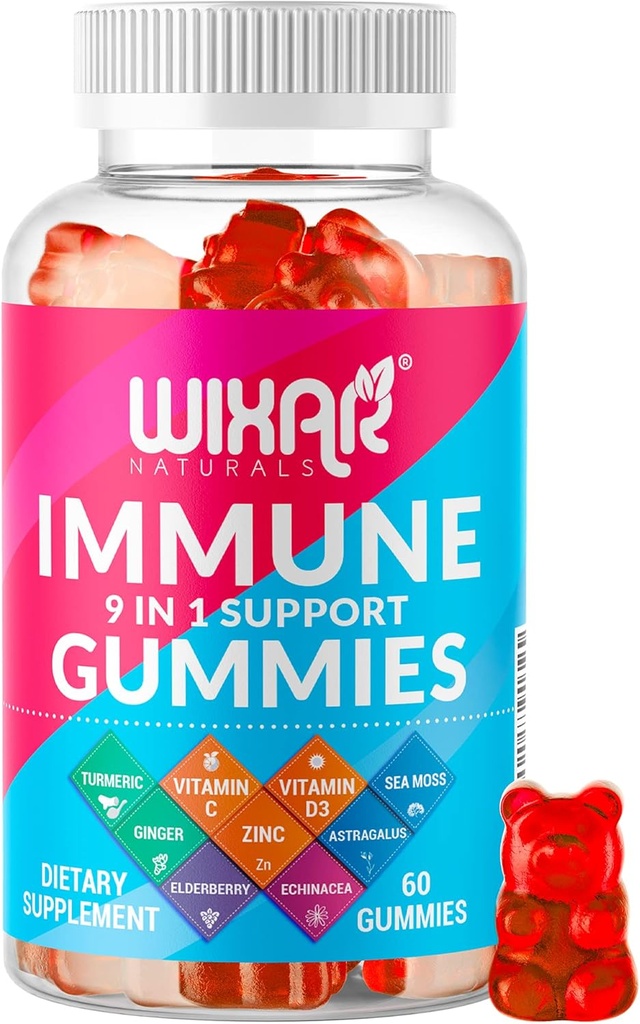 9 i 1 Immunstøtte Gummier med Elderberry, C-vitamin & D, Zink, gurkemeje, Ginger, Echinacea, Astragalus & Sea Moss for Immunity Supplement - 60 Gummies