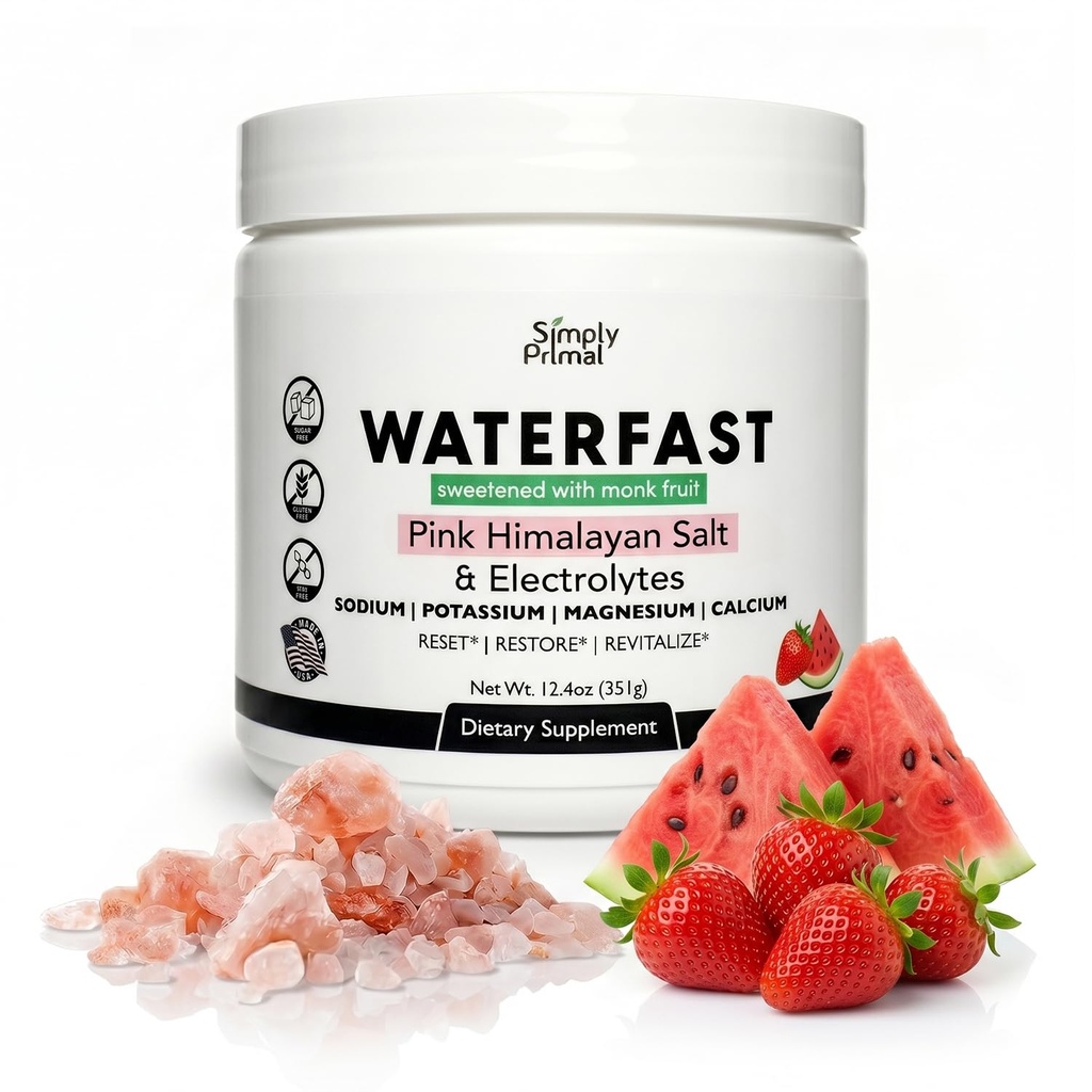 WATERFAST Monk Fruit Keto Electrolyte Powder til fastgørelse og hydrering- Jordbær Vandmelon Flavor 124; Pink Himalayan salt (natrium), Kalium, Magnesium, Calciumklorid 124; Sukker fri