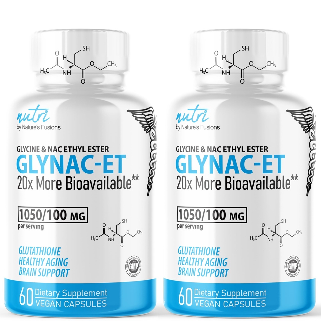 Naturens Fusions GlyNAC- ET NAC Supplement N- Acetyl Cysteine Ethyl Ester - 20x Mere Biotilgængelig - Glycin & N- acetylcysteine Ethyl Ester Anti Aging Supplement, Boost Glutathion Pack of 2- 120 Greve