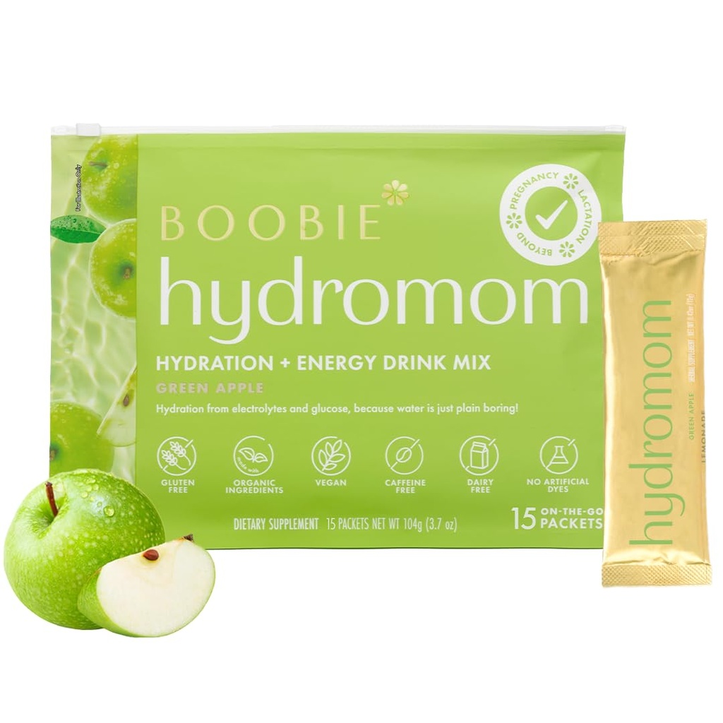 Boobie Hydromom Superfood Electrolyte Drink Mix, Green Apple Note 124; Forfriskende energi & Hydration Boost til Mama Budd124; On- The- Go & Travel Essentials for Graviditet, Amning, & Beyond, 15 Pakker