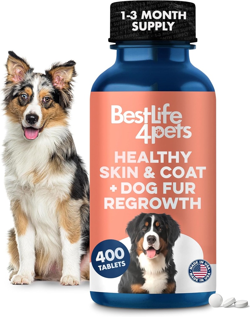 Naturlig hud & Coat supplement til hunde, store og små, hund anti-itch relief for tør hud, udslæt, Allergi eller irritation, Reducerer afføring, Dandruff og støtter Hund hårvækst, 400 små piller