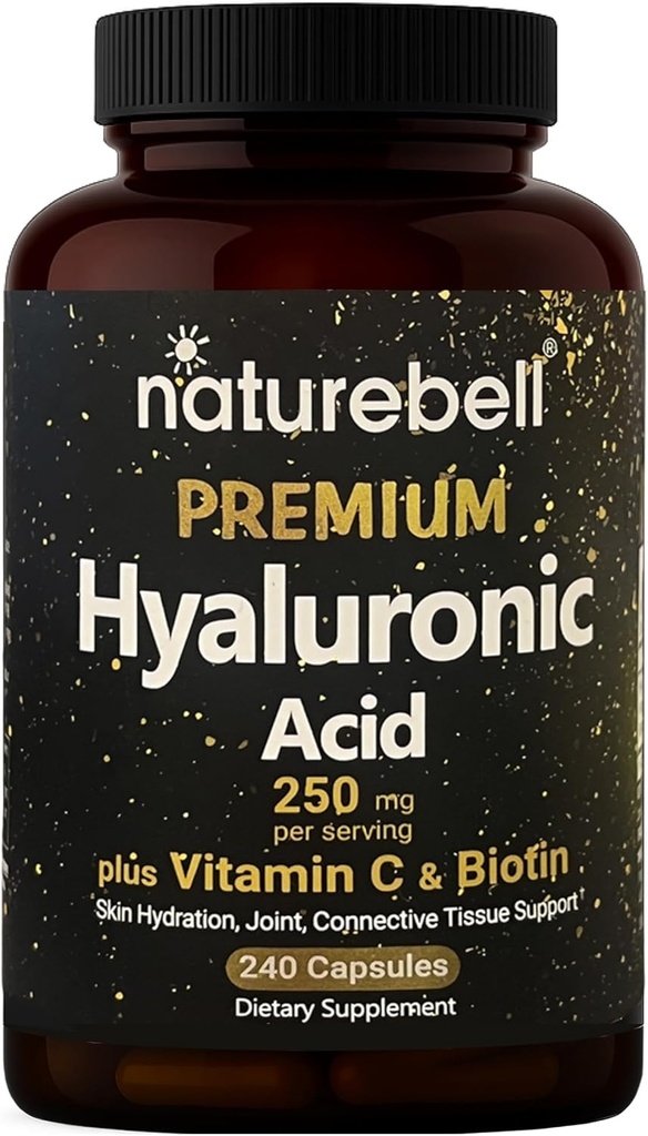 NatureBell Hyaluronsyre Kosttilskud 250 mg • 124; 240 kapsler, med Biotin 5000mcg & C-vitamin 25mg, 3 i 1 Support