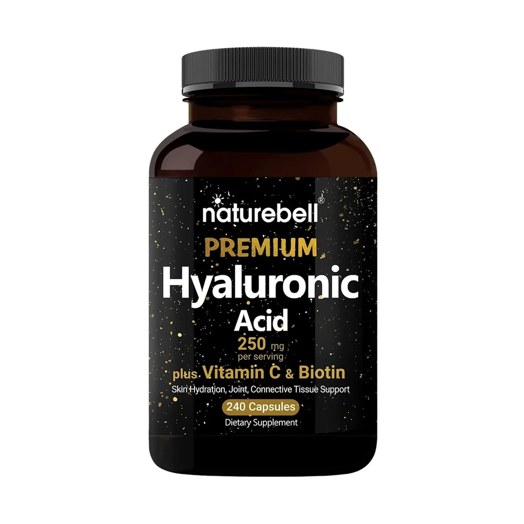 NatureBell Hyaluronsyre Kosttilskud 250 mg • 124; 240 kapsler, med Biotin 5000mcg & C-vitamin 25mg, 3 i 1 Support