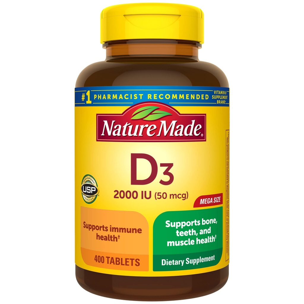 Nature Made Vitamin D3 2000 IE (50 mcg), Vitamin D supplement til ben, tænder, muskler og immunforsvar, 400 tabletter, 400 dages forsyning
