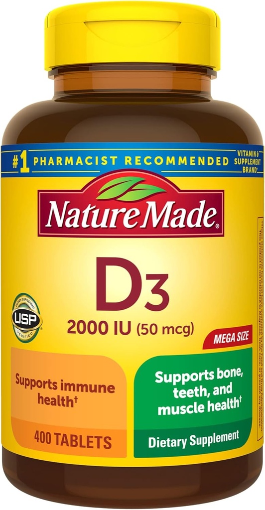 Nature Made Vitamin D3 2000 IE (50 mcg), Vitamin D supplement til ben, tænder, muskler og immunforsvar, 400 tabletter, 400 dages forsyning