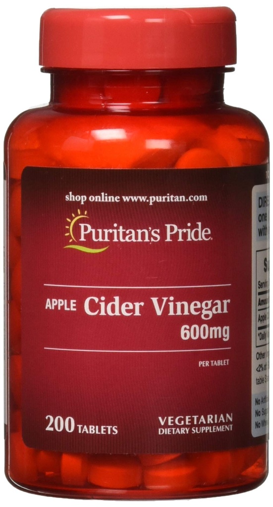 Puritan 's Pride Apple Cider Vinagar 600 mg, Vegetarisk Kosttilskud, 6 Måned Supply, 200 Tablets (Packing May Vary)