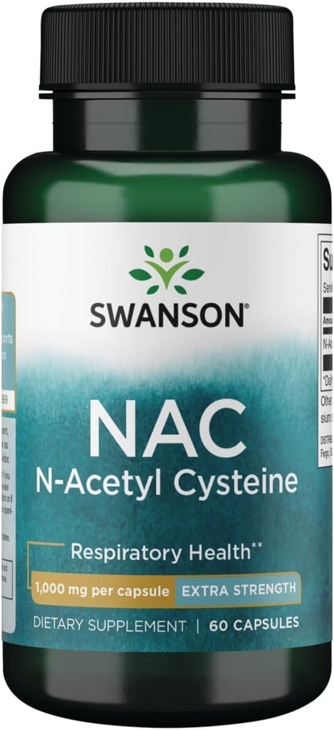 Swanson NAC N- Acetylcystein - Antioxidant Anti- Aging Respiratorisk Leverstøtte - Aminosyre Supplement 1000 mg 60 kapsler