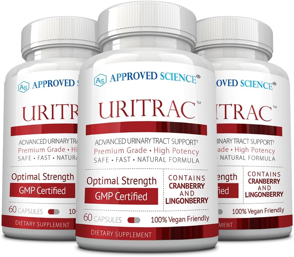 Godkendte Science ® Uritrac ™ - UTI Support - Tranebær, D- Mannose, Lingonberry - Vegansk Friendly - 60 kapsler per flaske - Pakning med 3 stk.