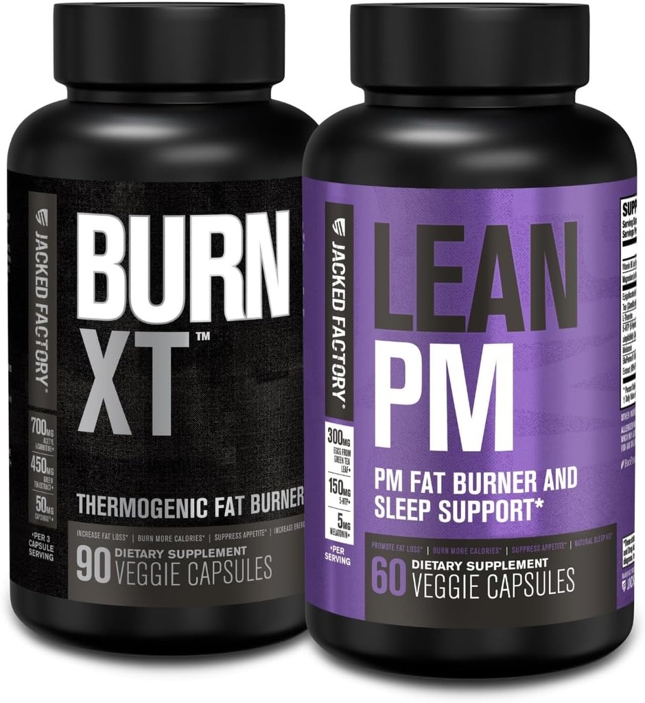 Jacked Factory Burn XT Thermogen Fat Burner - Appetite Suppressant & Nootrop Energy Booster (90 kapsler) & Lean PM Weight Loss Supplement, Sleep Support Medic124; (60 kapsler)