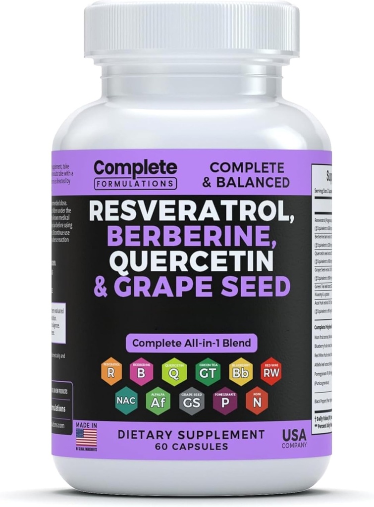Resveratrol tillæg med Quercetin, Berberine, Grape Seed Extract & Polyphenol Blend for hud sundhed, immunforsvar & antioxidant Boost