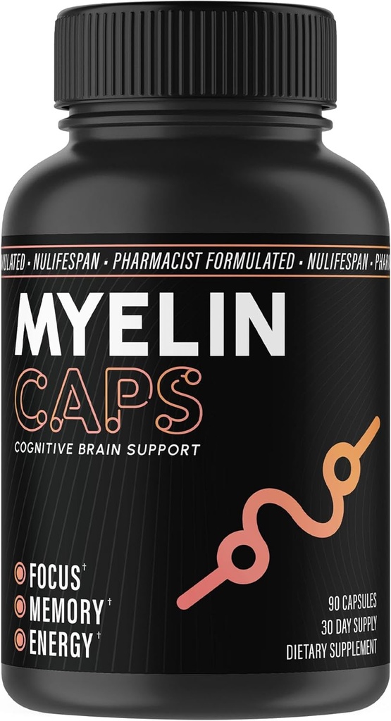 Myelin Caps, Brain Health Supplement, Focus Supplement & Brain Health med AlphaSize, Hukommelse og Kognitiv Funktion Support, Glutenfri, Non- GMO (90 kapsler)