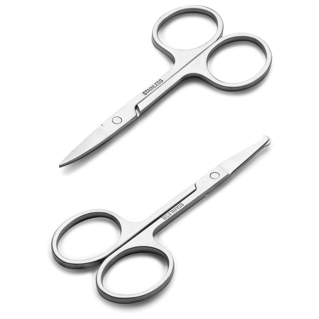 Ansigtshår Små Grooming Saks For Mænd Kvinder - Øjenbryn, Næsehår, Mustache, Skæg, Eyelases, Øre Trimming Kit - Buet og Afrundede sikkerhedstips Clippers til Hår skæring - 2PCS Sølv