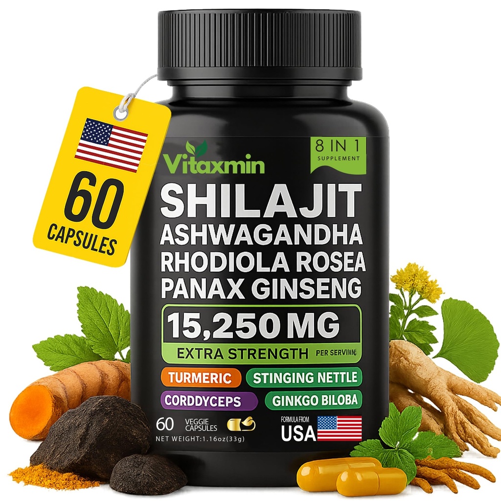 Shilajit og Ashwagandha Kapsler, 8- i -1 Herbal Multivitamin for mænd og kvinder, med Rhodiola Rosea, Ginseng, og Stinging Nettle, Shilajit for mænd og kvinder