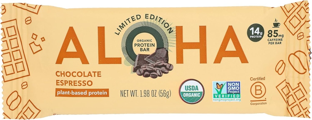 Aloha Organic Chocolate Espresso Protein Bars, 14g Plant- baseret protein, 85mg Koffein, USDA Certificeret Organic, Gluten Free & Non- GMO, 1,98 Oz (Pack of 12)