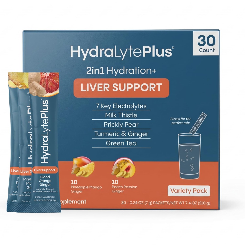 Hydralyte Leverstøtte + Electrolyte Mix med mælk tidsel, gurkemeje, Ingefær, Prickly Pære, Green Tea Extract Formuleret til hurtig rehydrering (Variety Flavor, 30 Pakets)