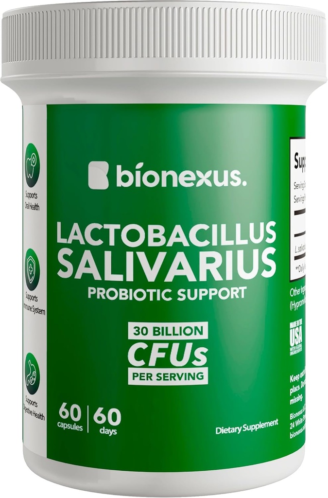 Bionexus™ Lactobacillus Salivarius Dietary Supplement – 60-Count, 30 Billlion CFU Oral Probiotics Support, Oral and Digestive Wellbeing, Immune Boost – Made in USA, Delayed-Release DRcaps®