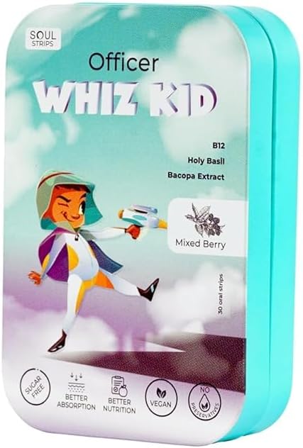 Soul Strips Officer Whiz Kid - Bacopa & Holy Basil til forbedret hjerne funktion Vitamin B12, blandet berry flavor, Zero Sugar, Vegan, 30 Strips Pack