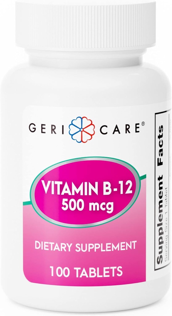 GeriCare Vitamin B-12 500mcg tabletter - Understøtter sunde energiniveauer, hjernefunktion & kredsløbsmæssig sundhed - Trusted supplement til daglig wellness - 100 Greve