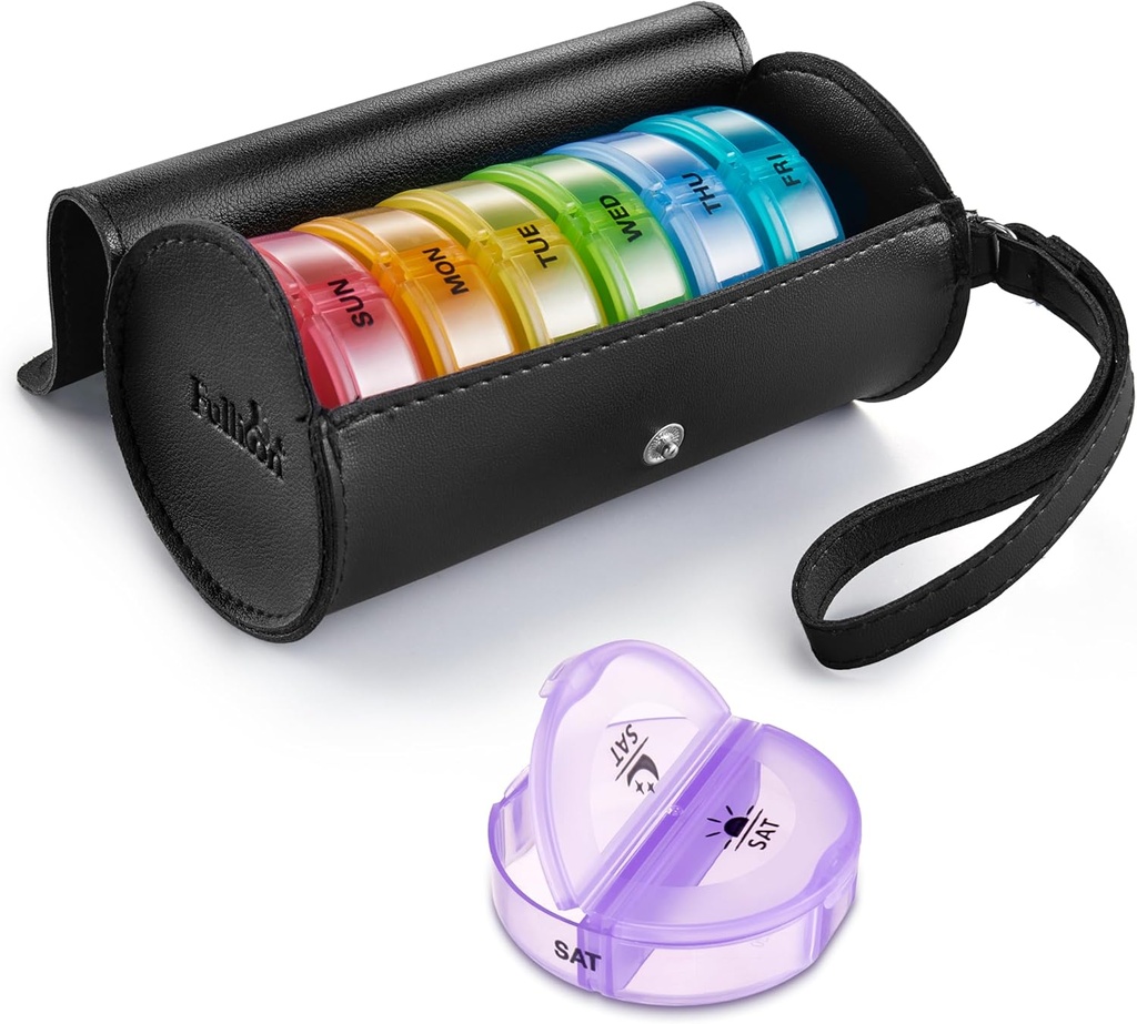 Fullicon PU sag Weekly Pill Box Arrangør 2 gange en dag, Rejser 7 dages pillebokse, Portable Tablet Arrangør med store afdelinger for medicin, medicin, Vitamin, Kosttilskud (sort / regnbue)
