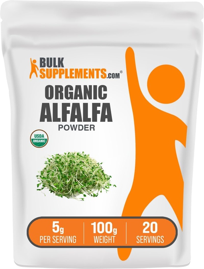 BulkSupplements.com Organic Alfalfa Grass Powder - Alfalfa Supplement, Green Superfood Powder - Vegan & Gluten Free, 5g per Serving, 100g (3,5 oz) (pakke med 1)
